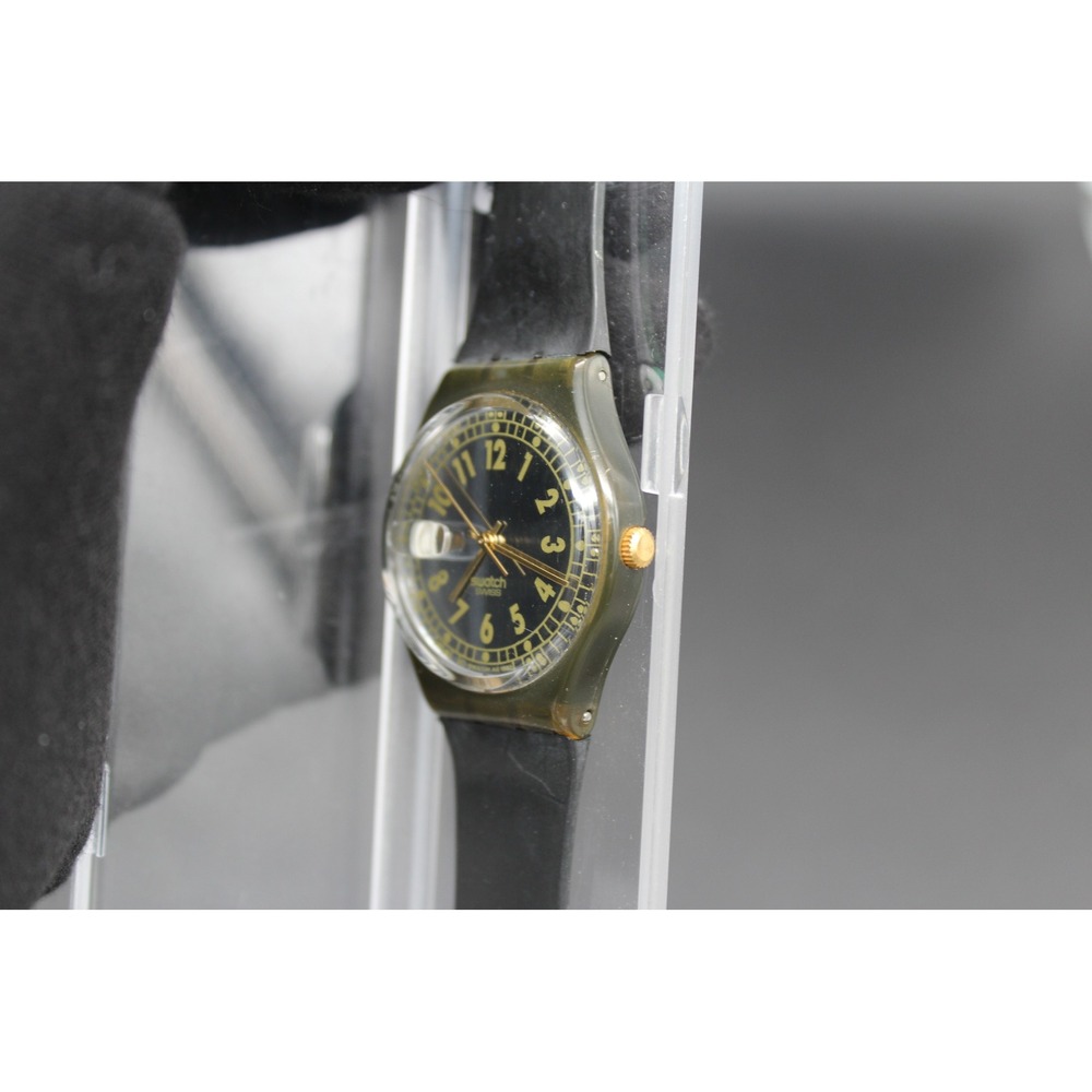 Vintage 1992 Swatch Gent Day-Date Black Gold Dial Olive Case Swiss Quartzβ Watch